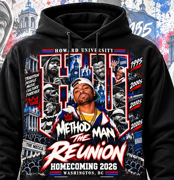 Black HU Homecoming hoodie with Method Man reunion artwork