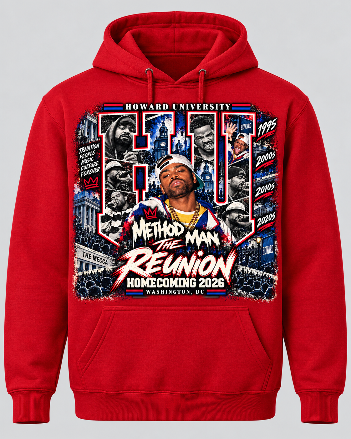 Red HU Homecoming hoodie with Method Man reunion artwork