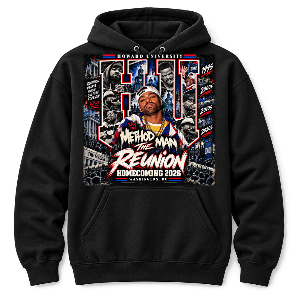 Black HU Homecoming hoodie with Method Man reunion artwork