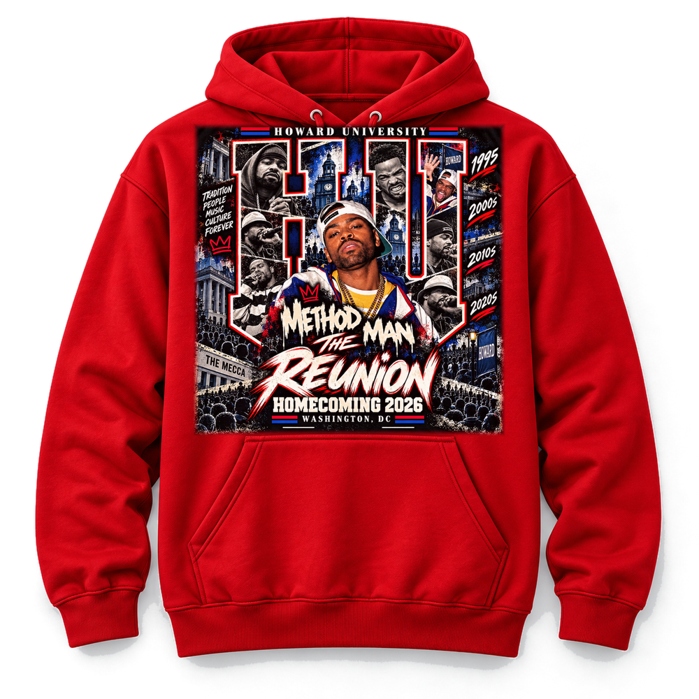 Red HU Homecoming hoodie with Method Man reunion artwork