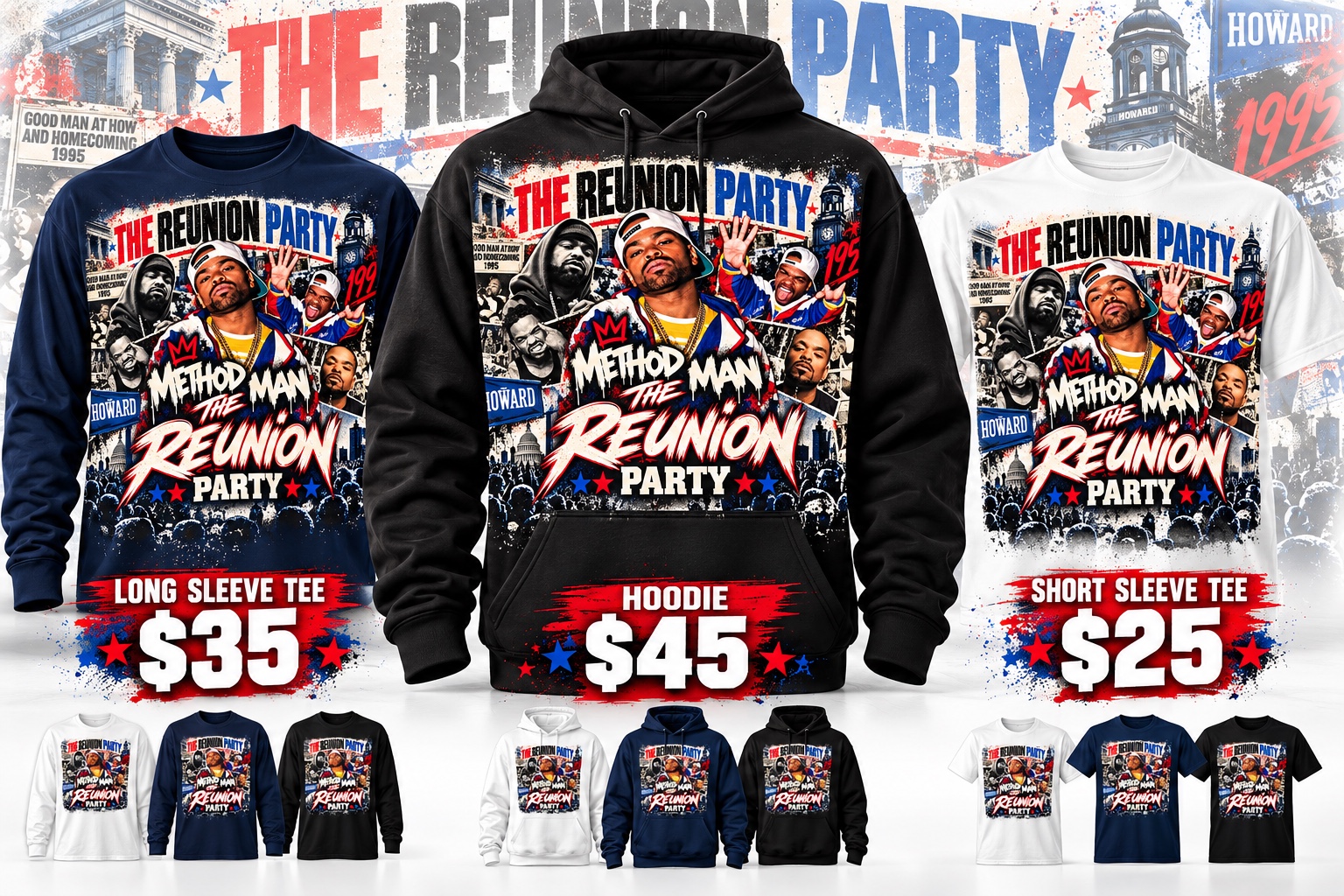The Reunion Party lineup with shirt, long sleeve, and hoodie variations
